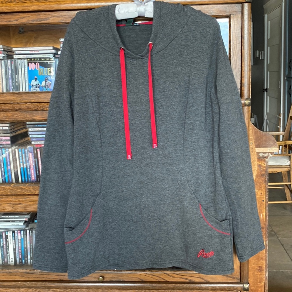 Roots Dark Grey Pullover Hoodie with Red Cinch And Logo Size Medium